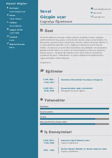 Coğrafya Öğretmeni CV Örnekleri cv indir